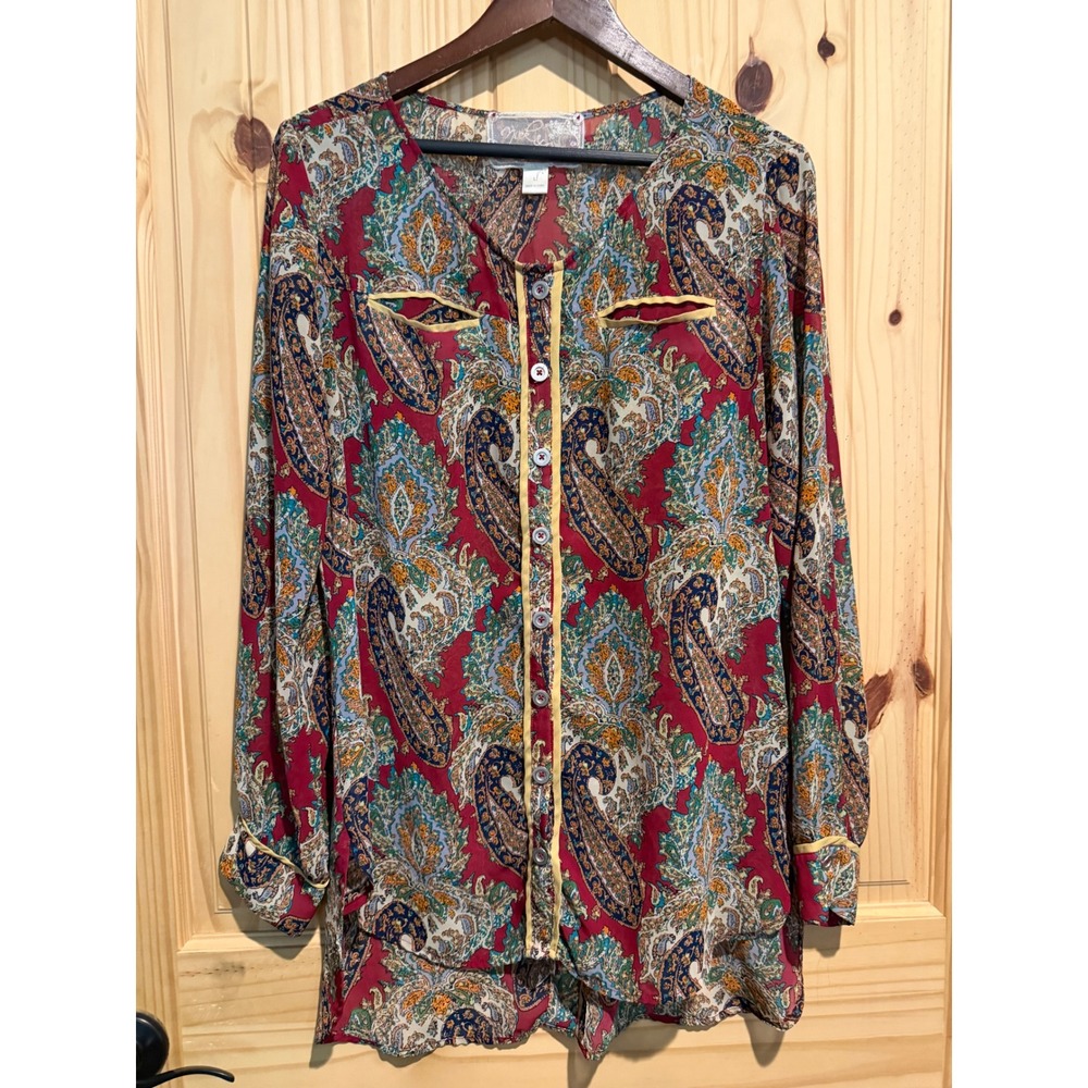 Anthropologie Nick & Mo Sheer Paisley Button-Down Tunic Red Boho Top L